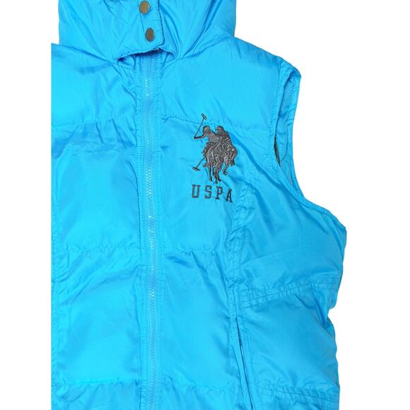 U.S. POLO ASSN. Women’s Puffer Vest L Blue Faux-Fur Hood USPA Logo - Picture 5 of 6